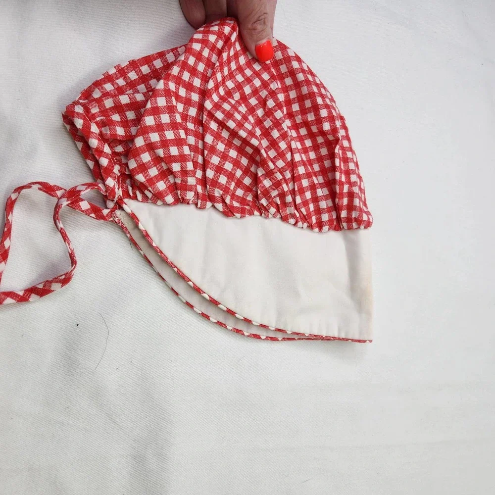 Vintage Kids Matching Set Red and White Gingham Dress with Bonnet